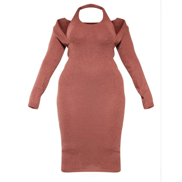 Prettylittlething Plus Chocolate HalteNeck Knitted Midi NWT Size XL - Picture 5 of 7